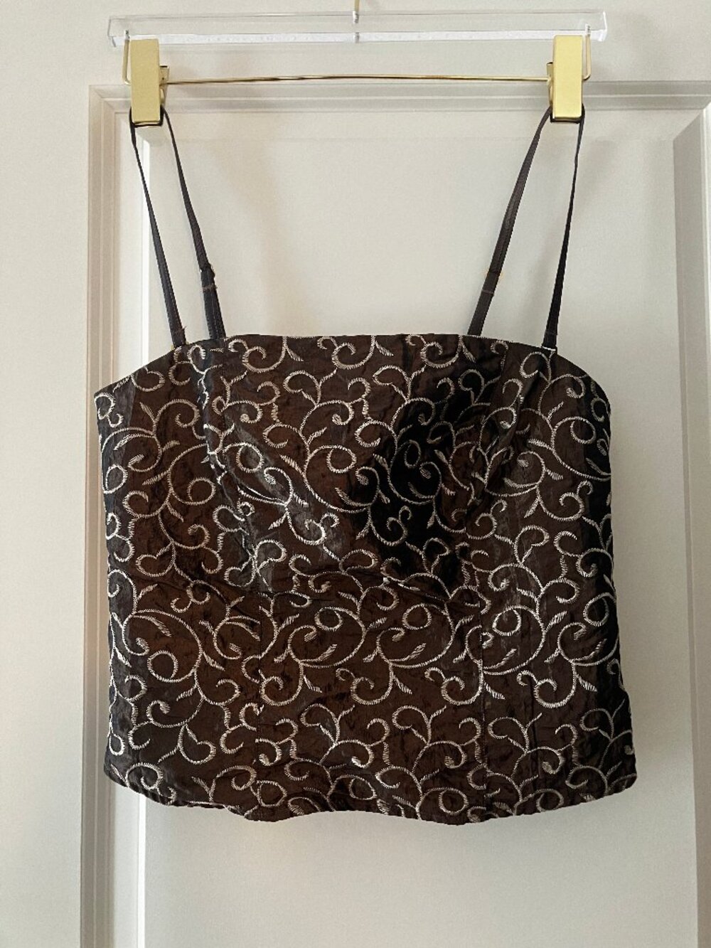 Vintage Grenier metallic bronze scroll embroidered corset bustier top